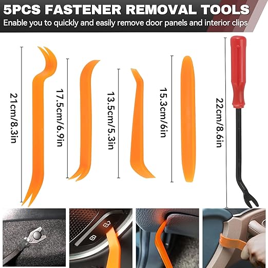 245Pcs Car Retainer Clips & Tools All-in-One Kit - 240 Black Push Pins (12 Sizes) with 5 Orange Pry Bars Stored Inside Box. Portable Bumper Fender Fastener Set for GM Ford (245Pcs)