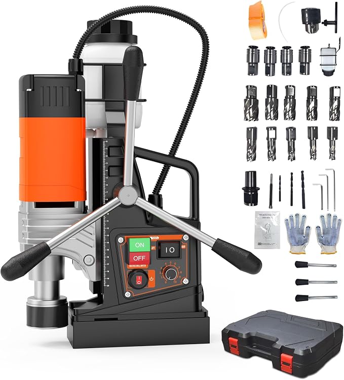 Magnetic Drill, 1850W 2" Boring Diameter, 2922Lbf Power Portable Magnetic, 810 PRM, Variable Speed with Reversible，with 10Pcs Drill Bits 3Pcs Twist Drill and 1Pcs Plastic Box for Metal Surface