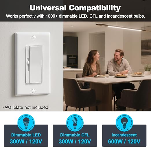 BESTTEN 12 Pack Super Slim Slide Dimmer Light Switch, Single Pole or 3 Way Dimmer Switches, Compatible with LED Dimmable Lamp, CFL, Incandescent, Halogen Bulb, ETL Listed, White