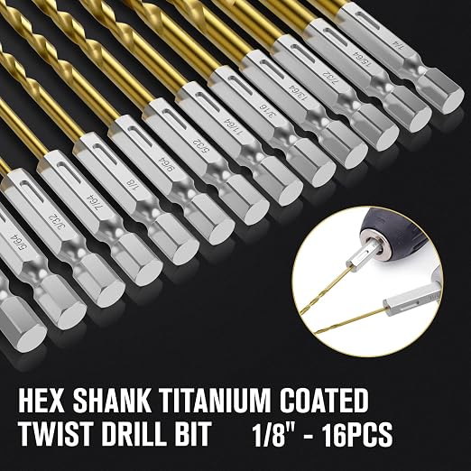 Drill Bit Set, 16Pcs 1/8" Titanium Twist Drill Bit for Sheet Metal, Wood, Plastic, Quick Change Design