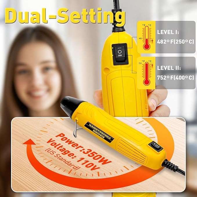 haisstronica Mini Heat Gun 350W, 2 Temp Settings 482°F/752°F (250°C/400°C), Hot Air Tool with Metal Stand & Nozzle Guard, 110V Corded Heat Shrink Gun for Shrink Tubing, Crafts, Embossing, Vinyl Wrap