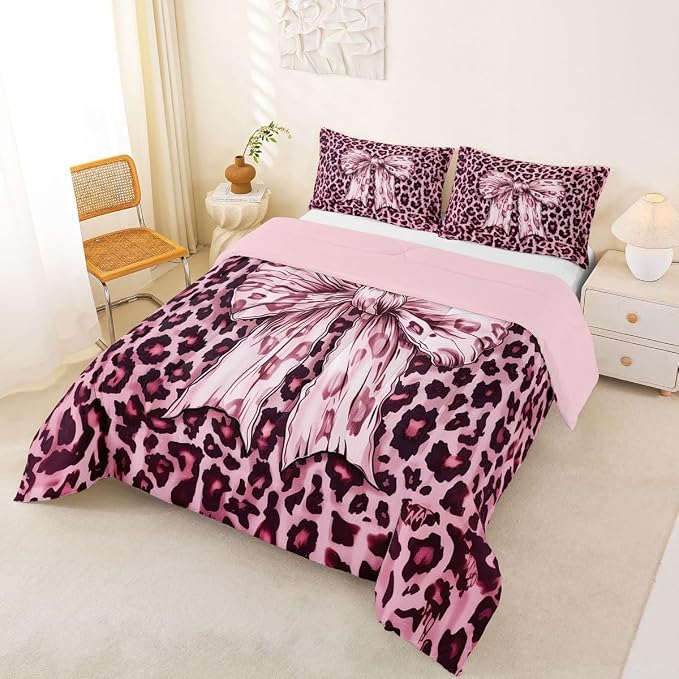 Feelyou Leopard Print Comforter Set Full Size Cute Pink Bow Bedding Set for Kids Boys Girls Cheetah Animal Fur Duvet Quilt Bedroom Decor Microfiber 3 Pcs with 2 Pillow Cases