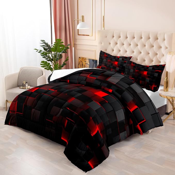 Nttopship Geometric Red Black Comforter Set,Light Honeycomb 3 Piece Bedding Set Twin for Teen Boys,Modern Bedding Quilt Set Geometry Decor,Microfiber Lightweight 1 Comforter 2 Pillowcases All Season