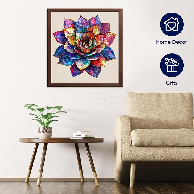 Delobil Wooden Puzzles for Adults 500 Pieces, Stained Glass Succulent Jigsaw Puzzles, Unique Shaped Plant Puzzle Gift for Kids, Family Puzzle Game, 16.5 x 16.3 Inches