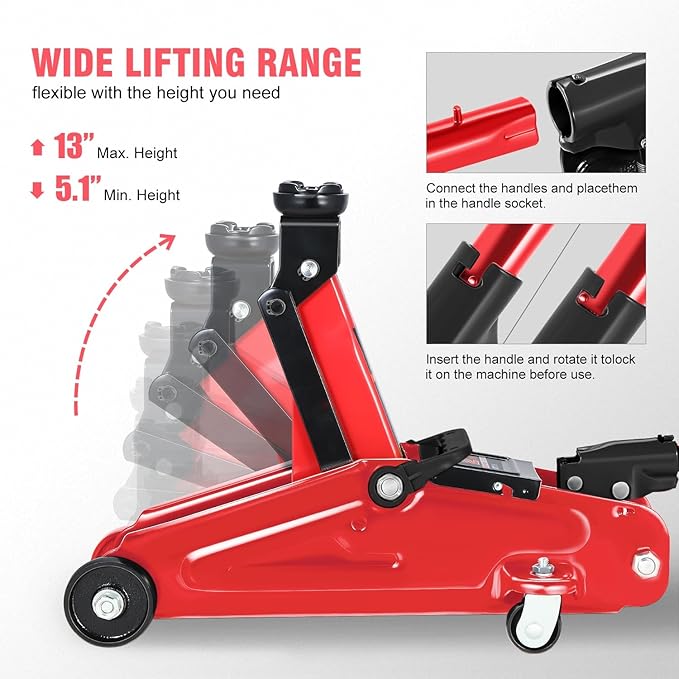 DNA Motoring Floor Jack 2 Ton (4000 lbs) Capacity, Fast Lift Low Profile Hydraulic Trolley Jack, Steel Heavy-Duty Service Car Jack, Lifting Range 5.1"-13", Red, TOOLS-00234-RD