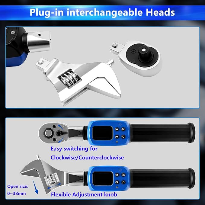Adjustable Digital Torque Wrench, Hvac Torque Wrench 2.2-44.2Ft-lbs/3-60Nm | With 38 mm Adjustable Jaw, 3/8 Drive Ratchet, ±1% Accuracy, Color TFT Screen, Vibration, Buzzer and LED Indicator