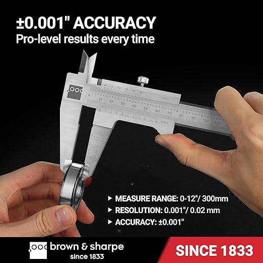 Brown & Sharpe 12-Inch Vernier Caliper, Precision Measuring Tool with 0.001 Inch Resolution, Hardened Stainless Steel, Smooth Sliding Frame, Locking Screw for Measurements