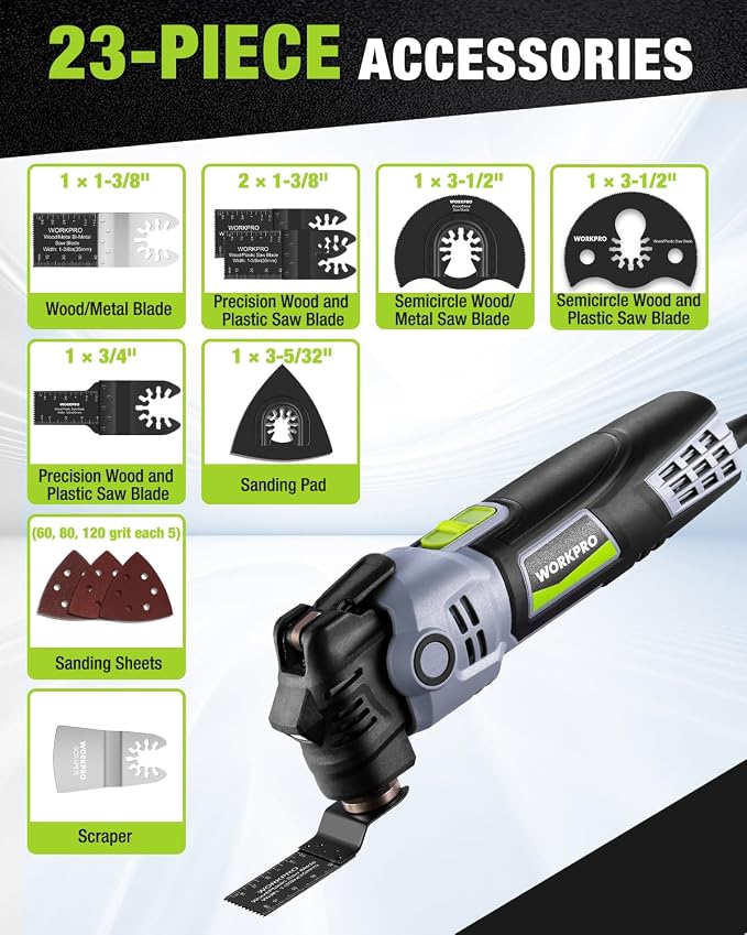WORKPRO 400W Oscillating Multi-Tool, 6-Speed Corded Power Saw with LED Light, Quick Blade Change, 3.5° Oscillation Angle, 23 Accessories for Cutting, Sanding, Scraping