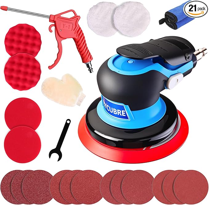 5 Inch Pneumatic Da Sander Kit (with 12 Sandpapers, Polishing Pads, Accessories & A Free Air Blow Gun) – Air Sander for Auto Body Specialized, Pneumatic Orbital Sander, Professional & DIY Compatible