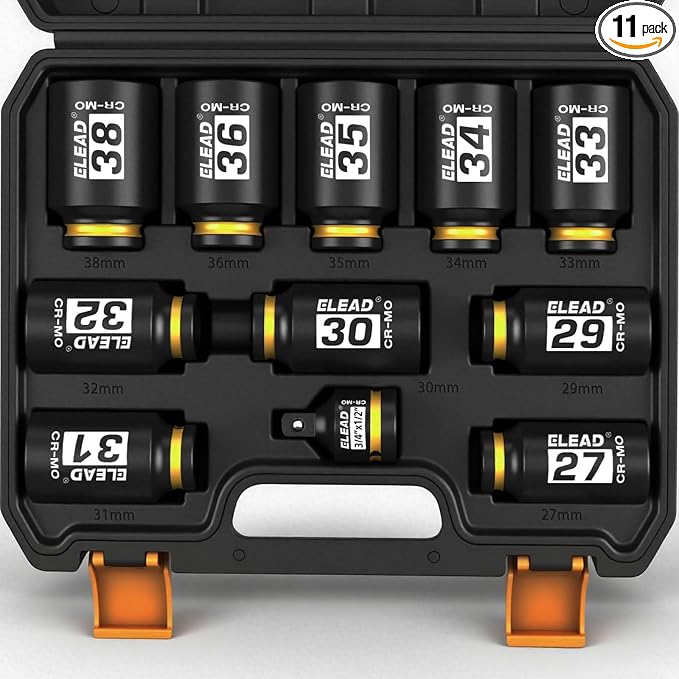 1/2'' Drive Deep Impact Socket Set: 11-Piece Metric Wheel Axle Nut Wrench Large Jumbo 27mm 29mm 30mm 31mm 32mm 33mm 34mm 35mm 36mm 38mm Car Spindle Joint High Torque Truck Bearing Locknut