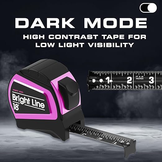 Perfect Measuring Tape - Pink BrightLine High Contrast EasyRead Tape Measure for Low Light (Dark Mode) - Rubber Case 18ft (Inch Fractions) Dual Sided Auto Lock Tape Measure Retractable (Pink)