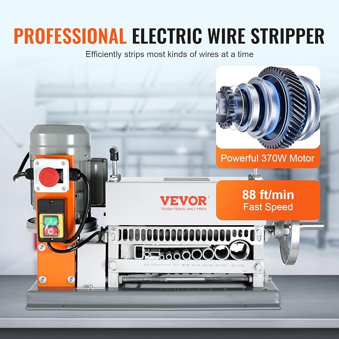 VEVOR Electric Wire Stripping Machine, 0.06''-1.42'' Automatic Wire Stripper Machine, 370 W, 88 ft/min Wire Stripper with An Extra Manual Crank, 11 Channels Electric Wire Stripper, Copper Stripper