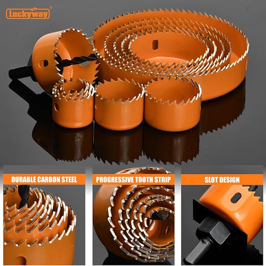 Luckyway Hole Saw Kit Pro, 24PCS Hole Saw Set with 3/4"-6"(19-152mm) 14PCS Hole Saws, Double-Ground Teeth for Clean Cutting, Ideal for Soft Wood, Plywood, Drywall, PVC