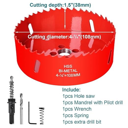 4-1/4Inch / 108mm Hole Saw for Wood, Plastic Board, Ceiling,Drywall, and Metal Sheet - HSS Bi-Metal Hole Cutter with Pilot Drill Bit