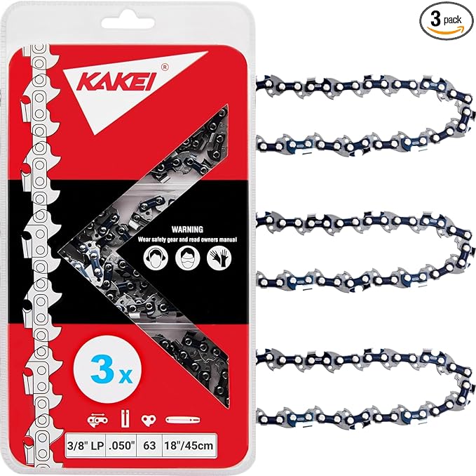 KAKEI 18 Inch Chainsaw Chain 3/8" LP Pitch .050" Gauge 63 Drive Links -Greenworks 91PJ063X Fits Greenworks 20032, Craftsman 172.34120, Worx, PRORUN - S63 (3 Chains) - Semi Chisel