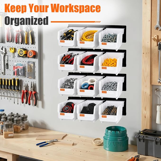 12pc Wall-Mounted Storage Organizer Set with Metal Rails White | Heavy duty tool organization box with metal rails. Ext 7"x5"x4" for garage screws nuts bolts.