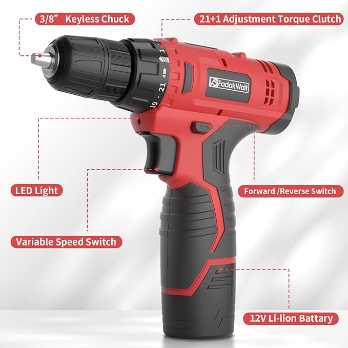 Fadakwalt Cordless Drill Set, 20V Electric Power Drill with Battery And Charger