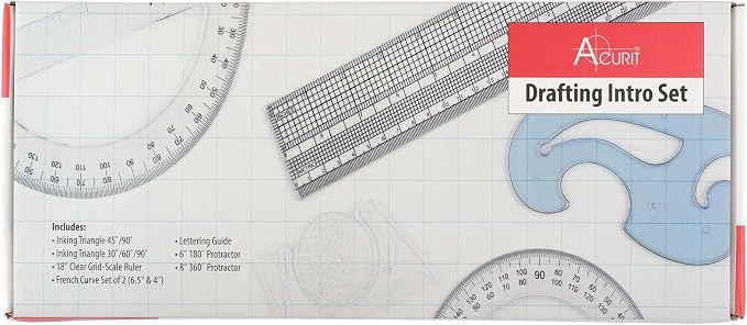Acurit Drafting Beginner Set - Drafting Tools & Supplies - 7-Piece Drafting Kit for Artists, Architects- Includes Metric Triangles, 8" Protractor, French Curves, Ruler, Pencils & More