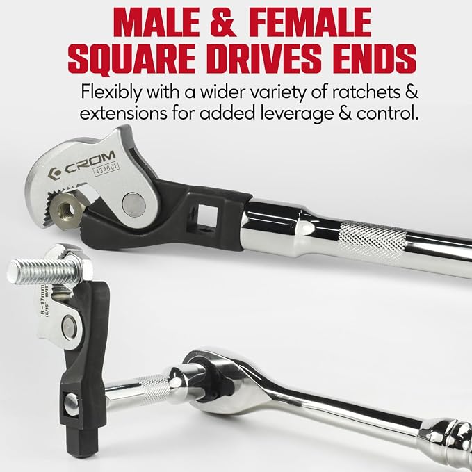 CROM Adjustable Crowfoot Wrench Set - Spring Loaded Wrench – Male & Female Square Drives Work With Ratchet, Breaker Bar, Extension Bar (3 Piece Set (1/4", 3/8", 1/2"))