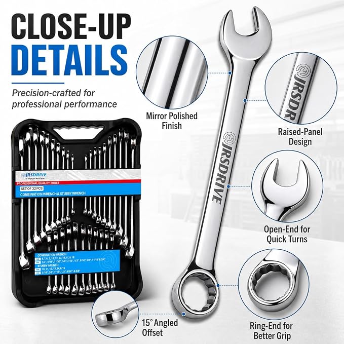32-Piece SAE & Metric Combination Wrench Set – Standard & Stubby Wrenches, Chrome Vanadium Steel, 12-Point Box End, Mirror Chrome Finish with Organizer Tray for Automotive & Home Repair