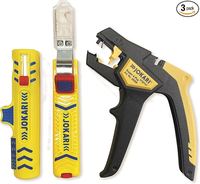 Jokari 490079 Basic House Installation Kit 3-Piece (with 4 Pro Wire Stripper, Secura Super No. 15 Cable Stripper and Cable Knife for Cable Diameter 8-28 mm) Multi-Coloured