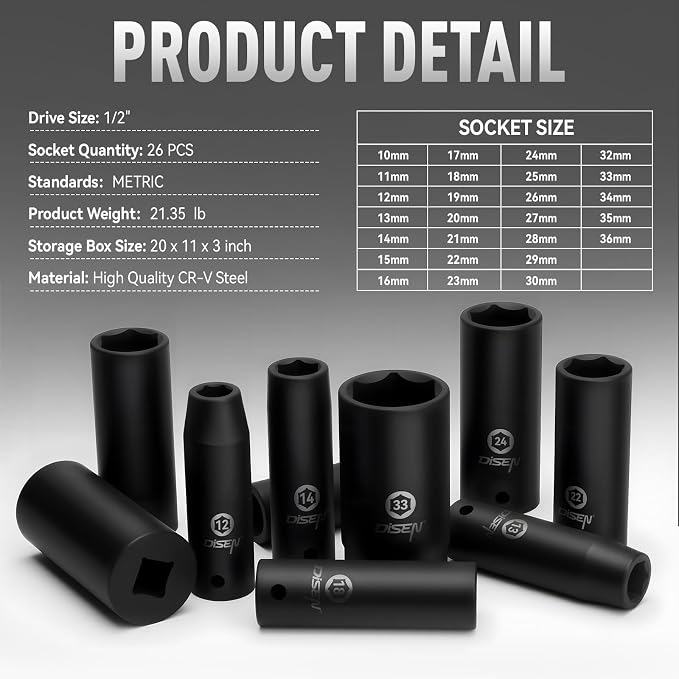 DISEN 26 Pcs Metric 1/2" Impact Socket Set | 10mm - 36mm Deep Sockets Set Impact, 6-Point,Cr-V,Rugged Construction 1/2 Inches Drive Socket
