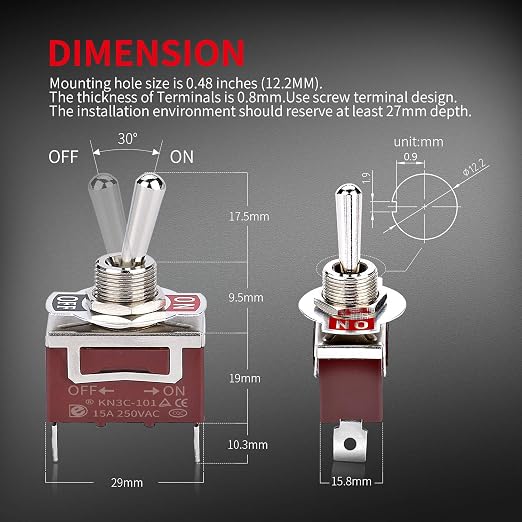 DaierTek SPST Waterproof Toggle Switch 12V DC 30A 125VAC 20A Marine Heavy Duty 2 Pin ON Off Spade Terminals for Automotive Car Boat -2 Pack