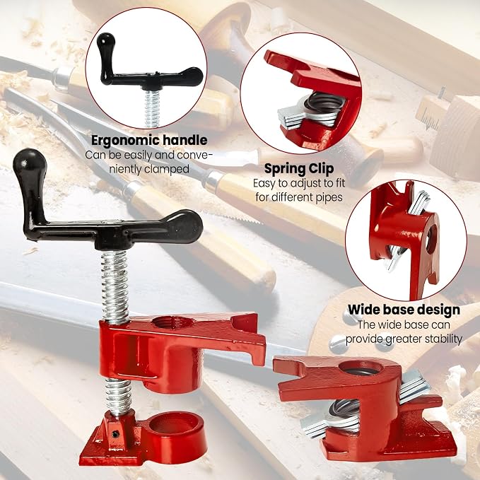 6 Pack 3/4'' Pipe Clamps for Woodworking with Foot Design Wood Gluing Pipe Clamp Fixture Set Heavy Duty Cast Iron For Woodworking, Carpentry, Home Improvement, and DIY Jobs
