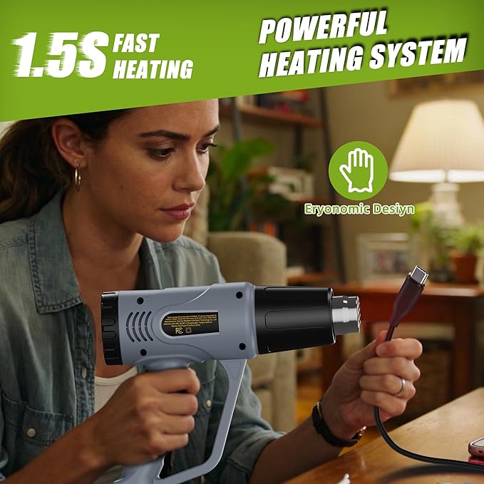 Heat Gun, 2 Temperature Settings 572℉&1112℉, 900W-1300W Hot Air Gun with Overload Protection, 10FT Extra Long Cord, Handheld Heat Gun with Heat Shrink Tubing Kit for Packaging Shrinking, DIY Crafts