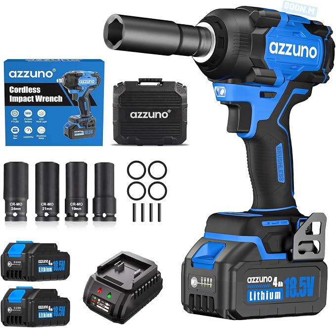 AZZUNO 1/2" Impact Wrench, 900N.m (665 Ft-lbs) Brushless Cordless Impact Driver, High Torque Electric Wrench With 2x 4.0Ah Battery, Charger & 4 CR-V Sockets, Led Light for Home Car Truck Tires