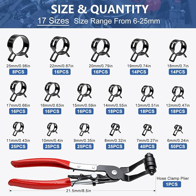 Tnisesm 370PCS 6-25mm Spring Band Hose Clamps Assortment kit with Hose Clamp Plier, Constant Tension Hose Clamps for Fuel Lines, Silicone Vacuum Hoses, Water Pipe, Low-Pressure Air Clips