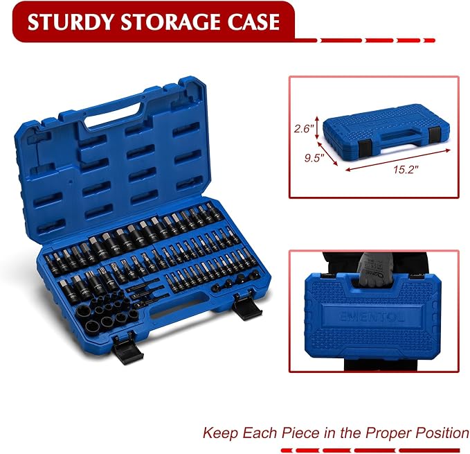 EMENTOL 71-Piece Torx Bit & Hex Bit Socket Set, Master SAE/Metric Bits, 1/4", 3/8" and 1/2" Drive, S2 Alloy & CR-V Steel, Includes External Torx E4-E24, Socket Adapter & Drill Adapter