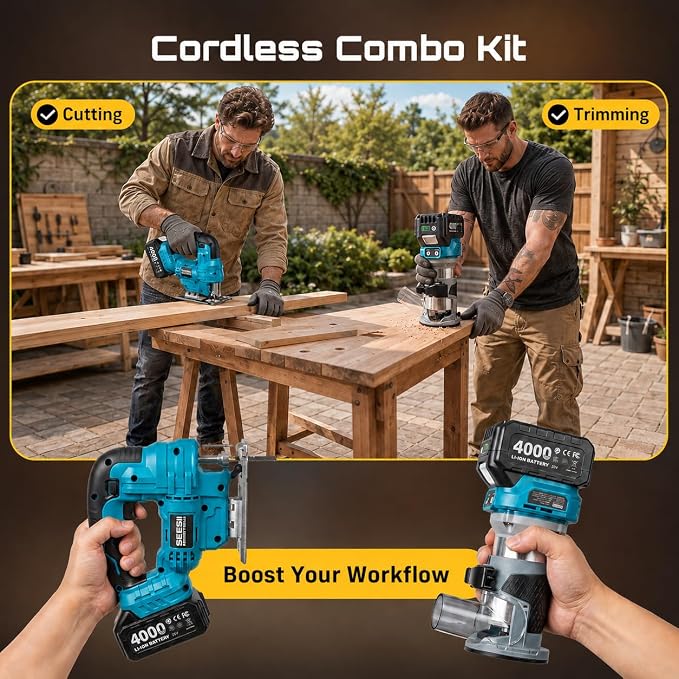 SEESII Cordless Jigsaw and Wood Router Tool Combo Kit | with Batteries and Charger, Brushless Aluminum Palm Router, 0-45° Bevel Jig Saw, Adjustable Speed for Cutting & Trimming