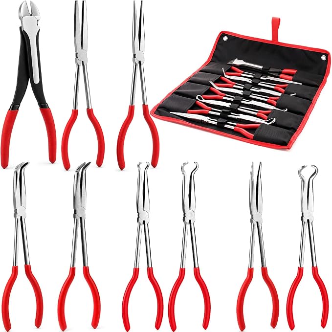 9 Piece 11 Inch Long Reach Pliers Set 45° 90° Bent, Circle, Diagonal Carbon Steel Needle Nose Pliers for Narrow Spaces and Limited Areas (Red)