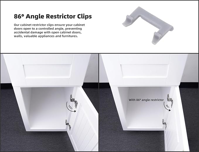 (Decobasics ONLY) Cabinet Restrictor Clips (30 Pack)- 86° Degree Angle Cabinet Door Hinge Restrictor Clip for Soft Close Hinge-90° Opening Kitchen Soft Close Cabinet Hinges Restraints Restriction Clip
