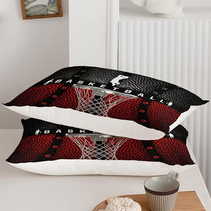 Axolotl Basketball Bedding Set for Boys Kids Teens,Soft Microfiber Black and Red Sports Theme Basketball Bedding Sets Full Size with 1 Comforter and 2 Pillowcases All Season