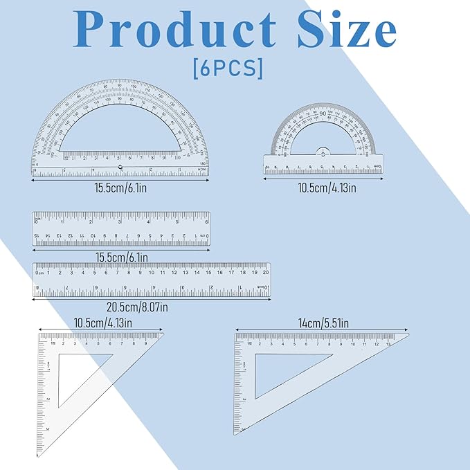 6 Pcs Geometry Set Transparent Plastic Clear Ruler Drafting Kit Includes Protractor Straight Ruler Triangle Rulers Clear Measuring Tools for Office Home Supplie