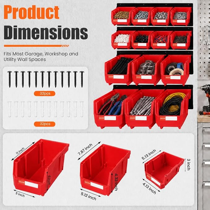 14pc Wall-Mounted Organizer V1 V2 V3 Master Combo Set Red | Heavy duty metal rails multi-size bins master set for garage screws, tools, batteries & wrenches.