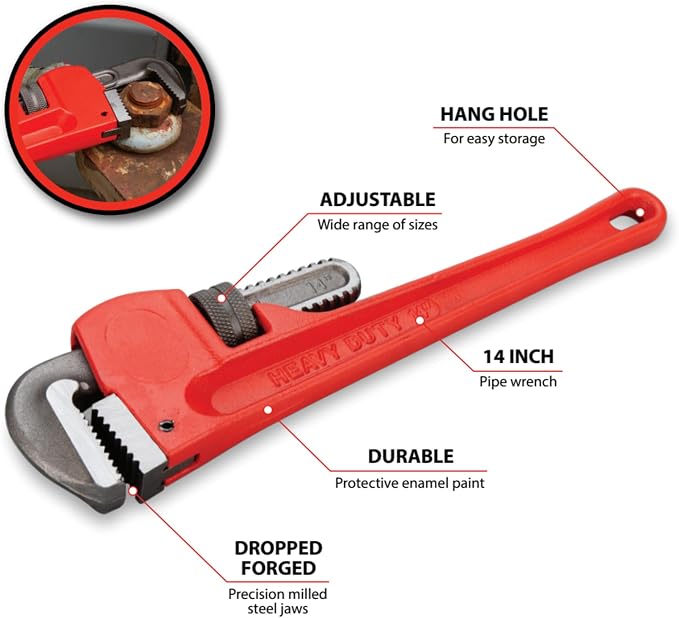 Performance Tool W1133-14B 14 in. Adjustable Pipe Wrench, Red