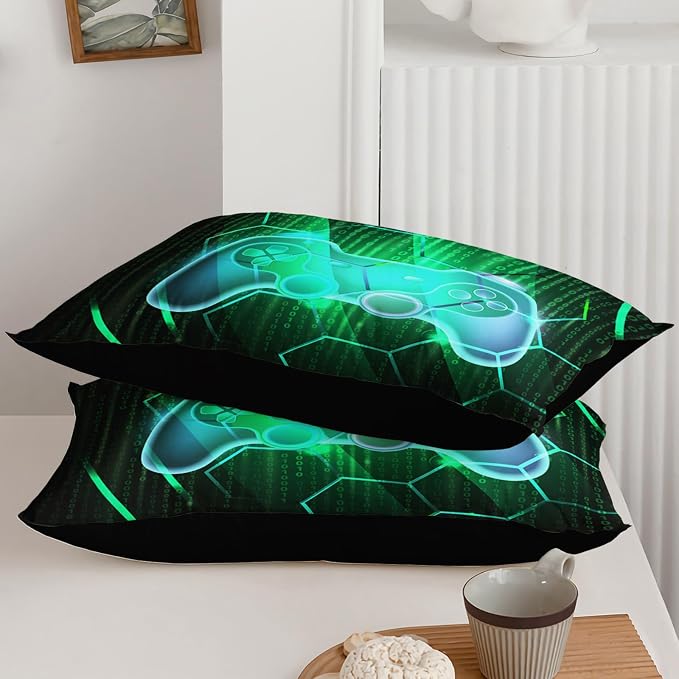 Axolotl Gamepad Comforter Set King Size,Number Video Gaming Gamer Bedding Set,Boys Game Console Comforter,Geometry Hexagonal Bedding for Teens Men Adults,1 Quilt 2 Pillowcases,Green Black