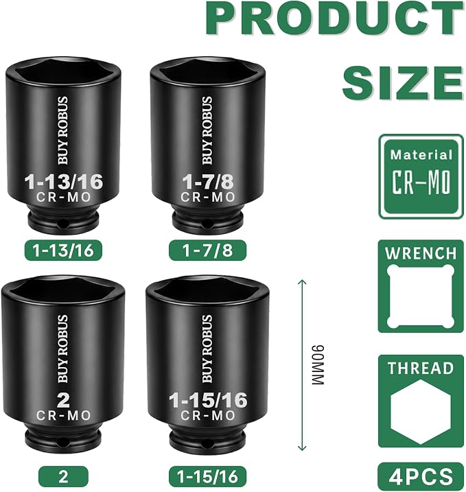 4PCS 1/2" Drive Spindle Axle Nut Impact Socket Set, 1-13/16, 1-7/8, 1-15/16, 2 Inch, CR-MO, Deep, 6 Point