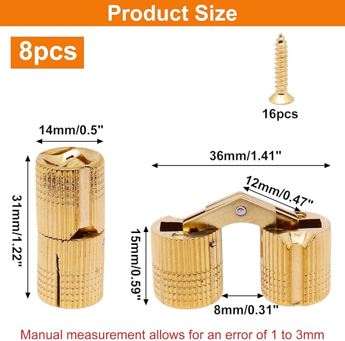 14mm Invisible Brass Barrel Hinges Hidden Concealed Furniture Hinges 180 Degree Opening Angle 8Pcs
