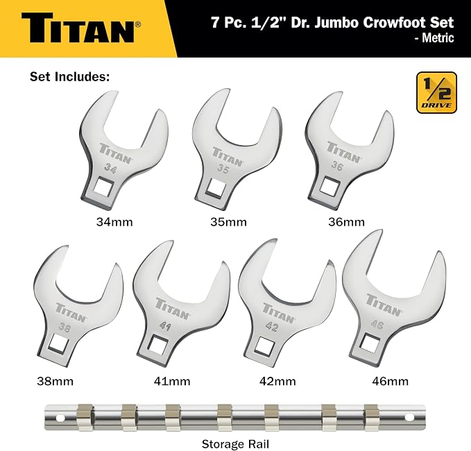 Titan 17670 7-Piece 1/2-Inch Drive Metric Jumbo Crowfoot Wrench Set