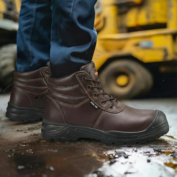 NINGO Steel Toe Work Boots for Men, Non Slip & Puncture Resistant Construction Boots with Breathable Lining, EH Protection, Comfortable Mens Safety Leather Work Shoes for Industrial, Walking Warehouse
