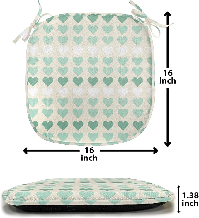 Lunarable Aquamarine Chair Seating Cushion Set of 4, Romantic Pattern with Heart Shapes in Rows, Anti-Slip Seat Padding for Kitchen & Patio, 16"x16", Champagne Laurel Green