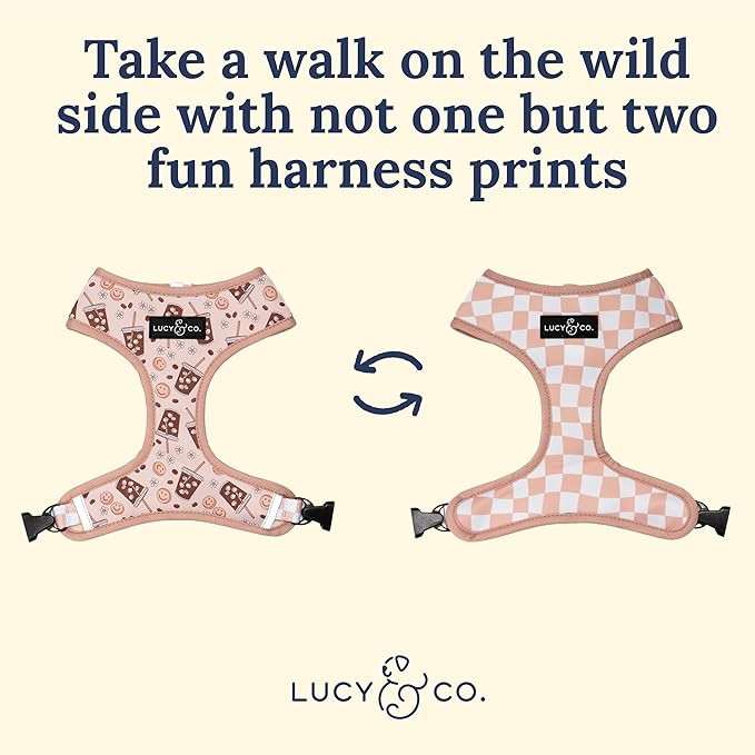 Lucy & Co. Reversible Dog Harness - Water-Repellent Neoprene, Dual-Print Design, Easy Swap Style, Adjustable Comfort Fit - Iced Coffee SZN Reversible Harness - X-Large