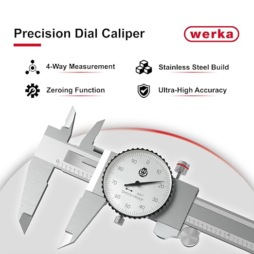 werka Dial Caliper 12 Inch, Shockproof Dial Caliper Measuring Tool with 0.001" Precision Micrometer Caliper with Custom Case, 4-Way Measurement, Stainless Steel