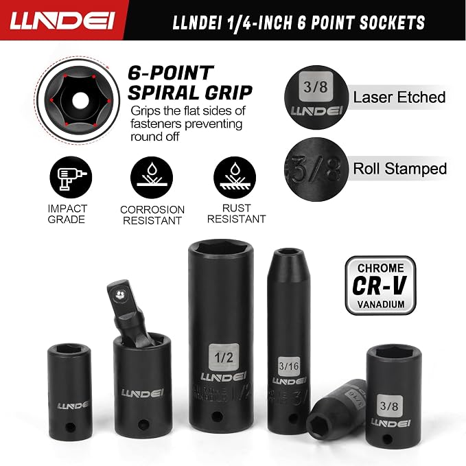 LLNDEI 1/4" Drive Socket Set & Nut Driver Set with Ratchet 38Pcs SAE 5/32" | 1/4" Sockets Deep&Shallow SAE 5/32" to 9/16" with Ratchet, Hex Shank 6" Long Nut Drivers(1/4"-9/16") for Drill Bits(PH1 PH2)