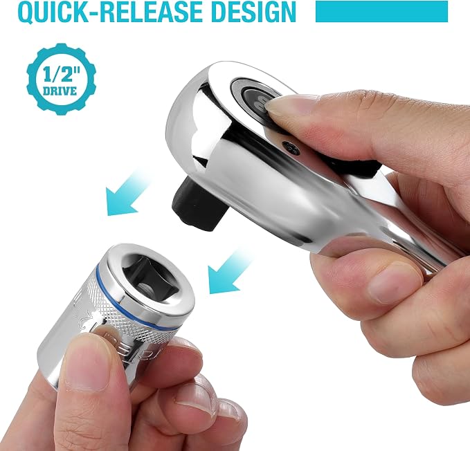 DURATECH Extra Long Handle 1/2-Inch Drive Ratchet, 90-Tooth Ratchet Wrench | Quick-Release Socket Wrench with 20" Extra Long Handle, Teardrop Ratcheting, Reversible, CR-V Made, CR-MO Head,Full Polished