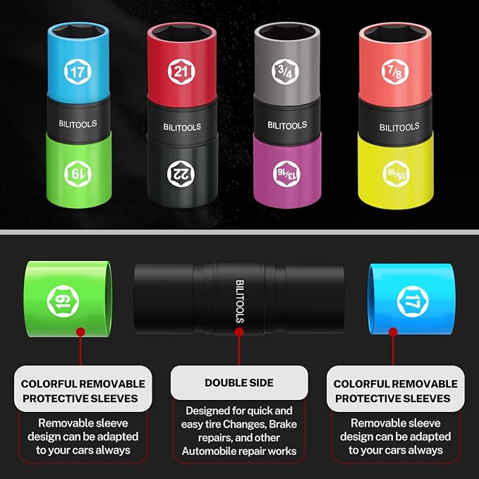 BILITOOLS Lug Nut Socket Set, 1/2" Thin Wall Impact Flip Sockets | Metric 17-22mm and SAE 3/4"-15/16" Sizes, Non-Marring Sleeves, Extension Bar and Knockout Rod for Stuck Lug Nuts